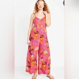 Old Navy Bright Pink Tropical Print Wide-Leg Jumpsuit 2X